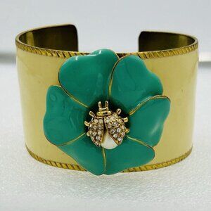 Stella & Dot Cuff Bracelet Ladybug On A Flower Enamel Blue White Gold Plated